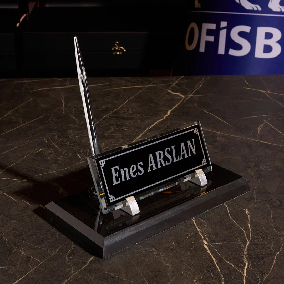 Black Marble Desktop Nameplate Set with Silver Pen Holder - Personalized Desk Nameplate