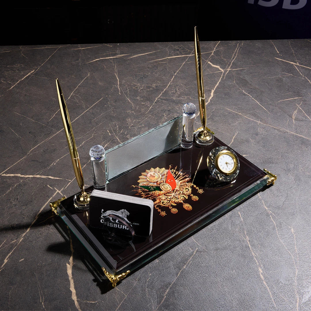 Ottoman Crest Crystal Desktop Nameplate Set, Matching Desk Sets - Personalized, with Clock & Dual Pen Holder