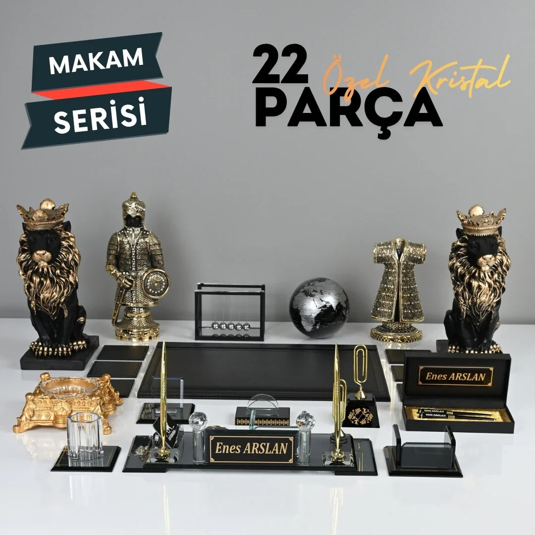 Special Crystal | 22-Piece Premium Crystal Desk Set & Nameplate Set - Gold Accents