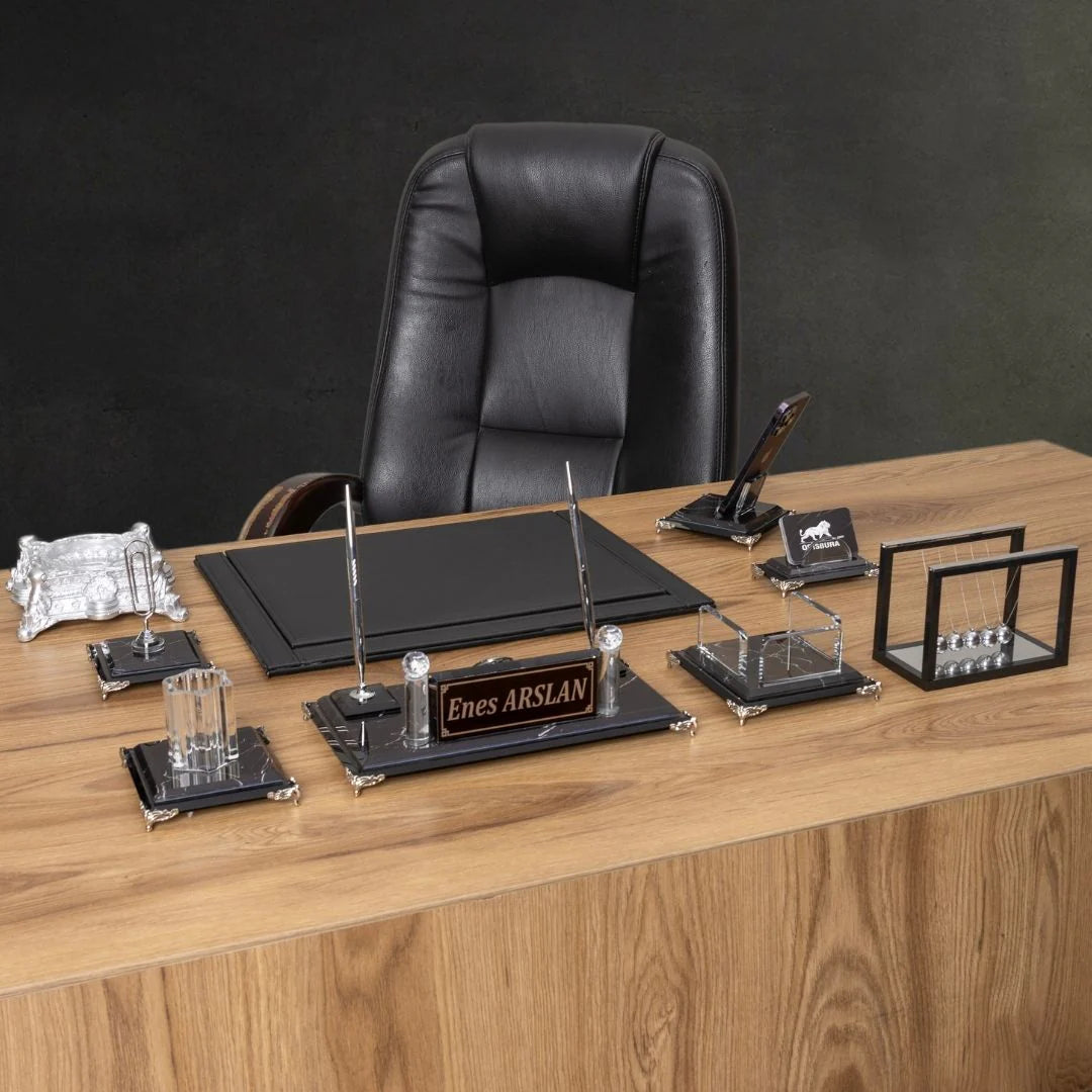 Zebra Black | 9-Piece Crystal Desk Set & Nameplate Set