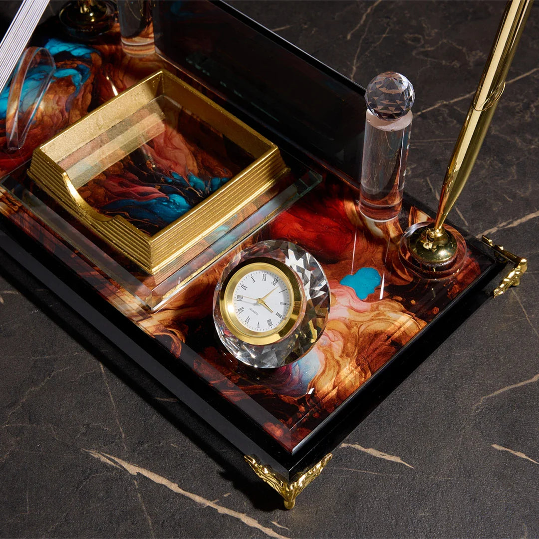 Royalty Crystal Desktop Nameplate Set with Clock, Notepad Holder & Dual Pen Holder - Personalized Desk Nameplate