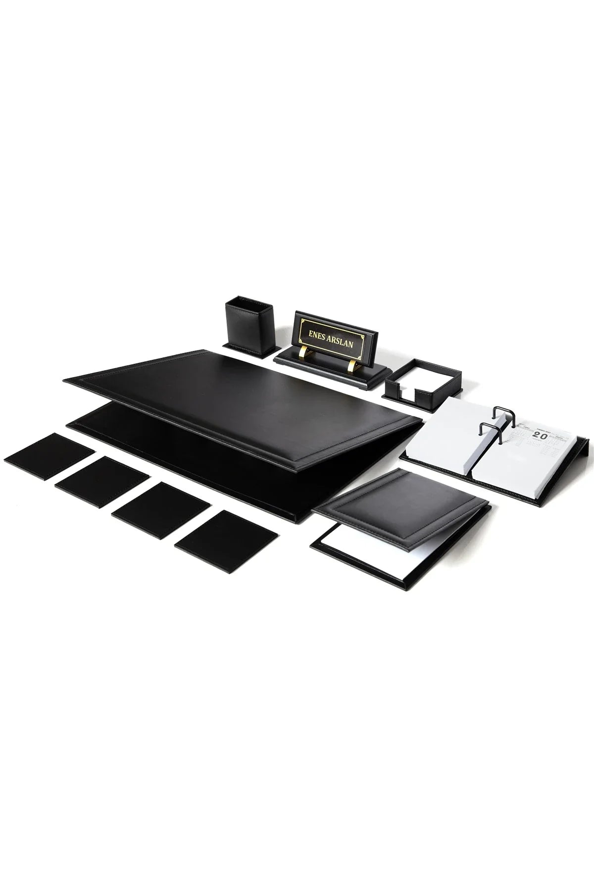 Leather Desk Set with Wooden Nameplate, 10 Pieces