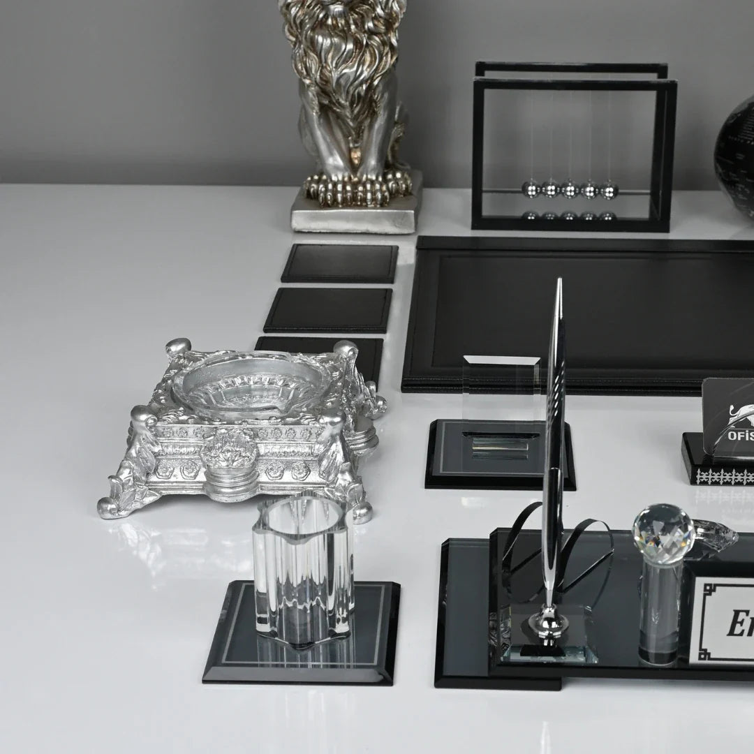 20-Piece Black Crystal Desk Set & Nameplate Set - Silver Details