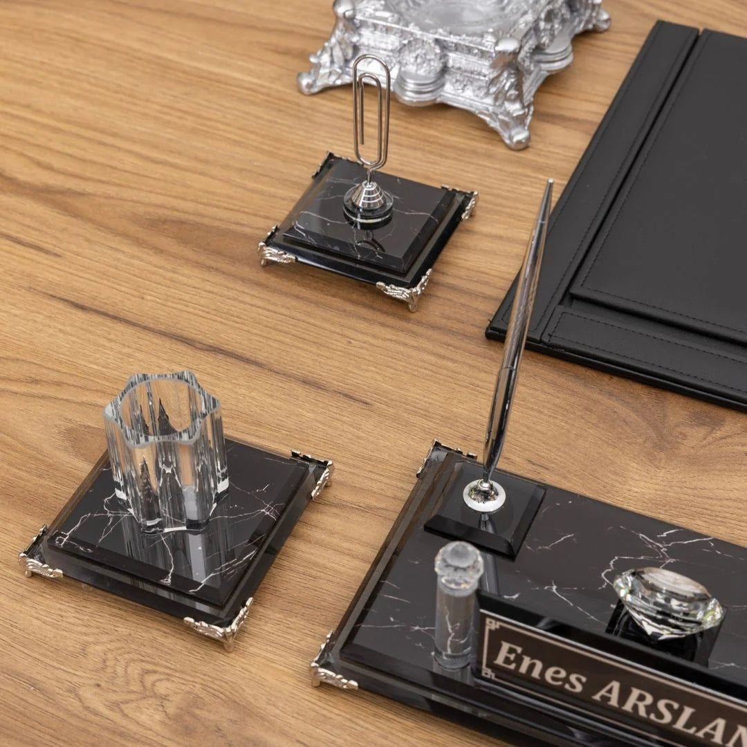 Zebra Black | 9-Piece Crystal Desk Set & Nameplate Set