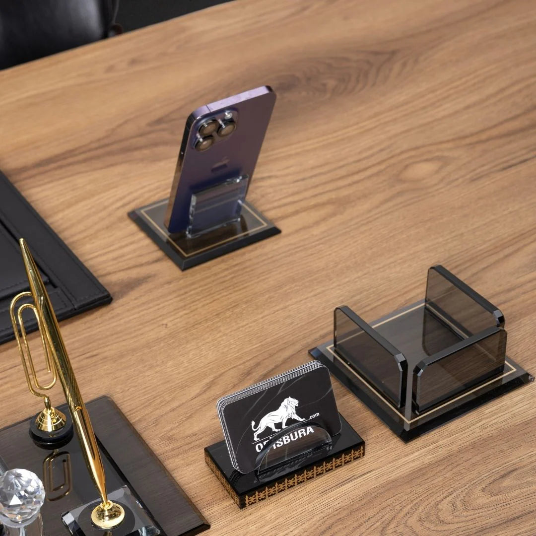 Special Crystal | 7-Piece Crystal Desk Set & Nameplate Set - Gold Accents