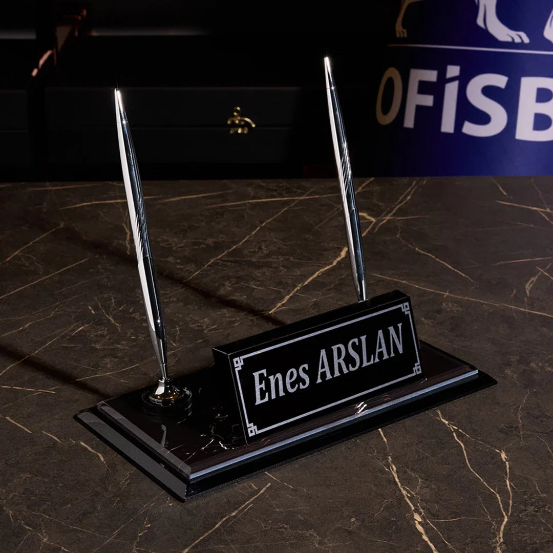 ZB Black Crystal Desk Nameplate - Luxury Office Nameplate with Gold Detail