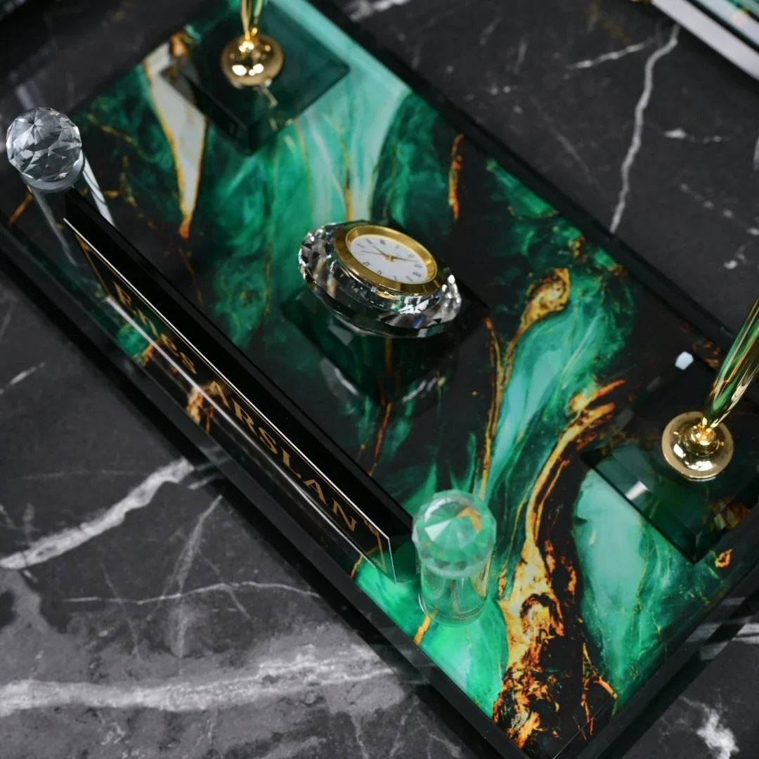 Emerald | Gift-Boxed 6-Piece Crystal Desk Set & Nameplate Set