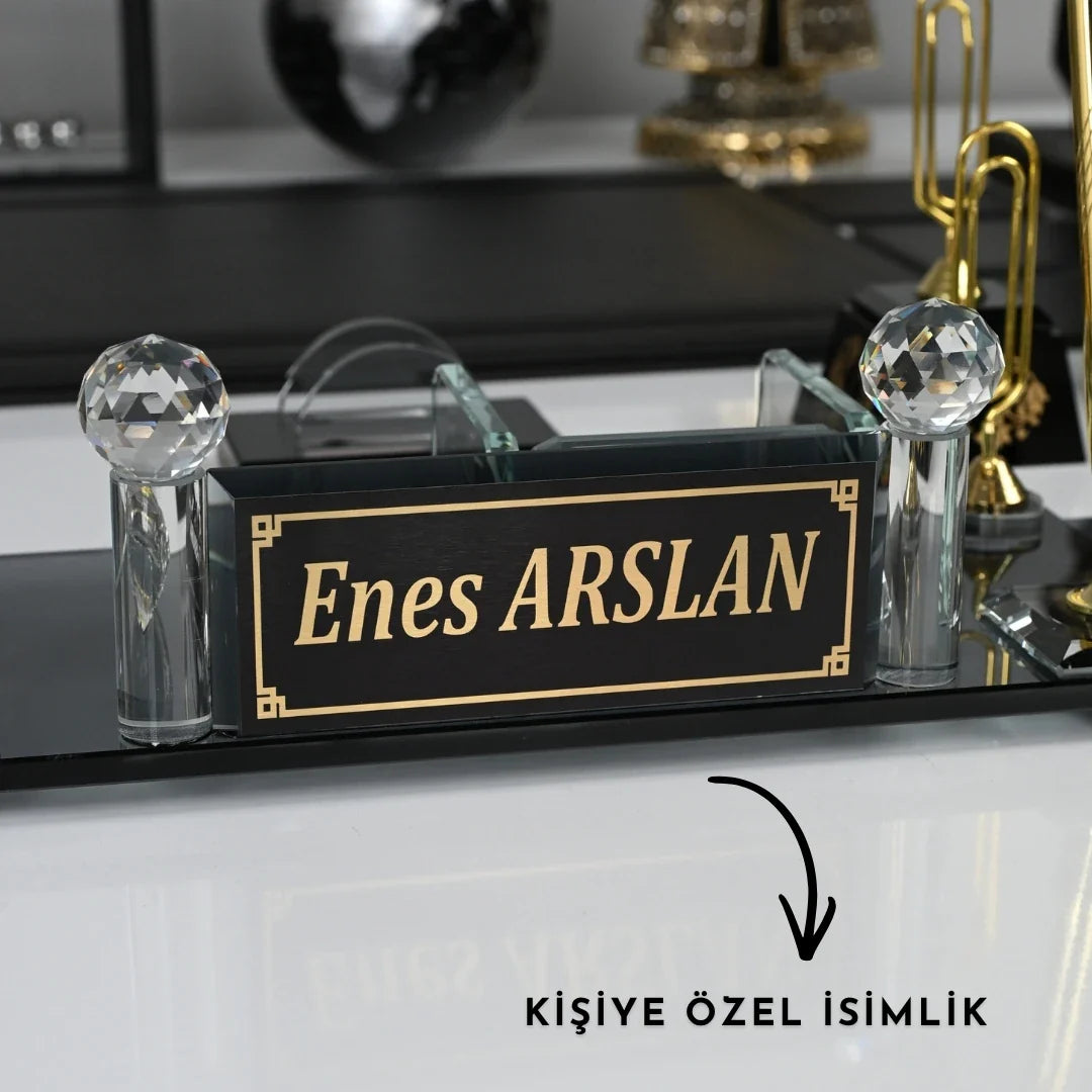 Special Crystal | 22-Piece Premium Crystal Desk Set & Nameplate Set - Gold Accents