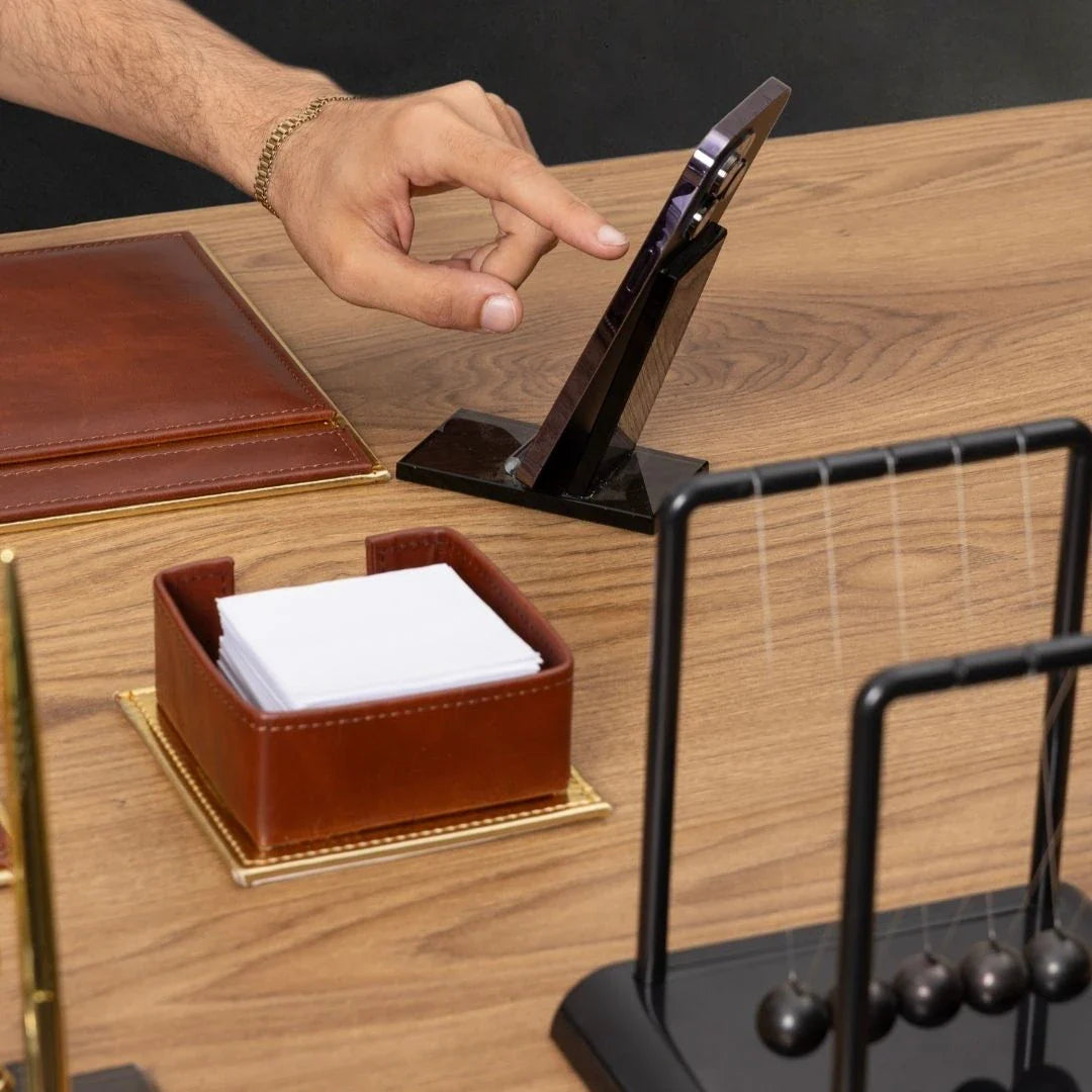 Tan & Gold Leather 14-Piece Premium Desk Set
