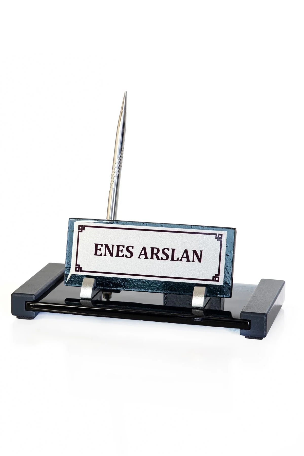 Anthracite Crystal Desktop Nameplate Set with Single Pen Holder - Personalized Desk Nameplate