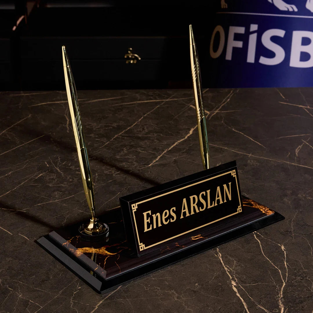 NG Crystal Desktop Nameplate Set, Matching Desk Sets - Personalized with Dual Pen Holder