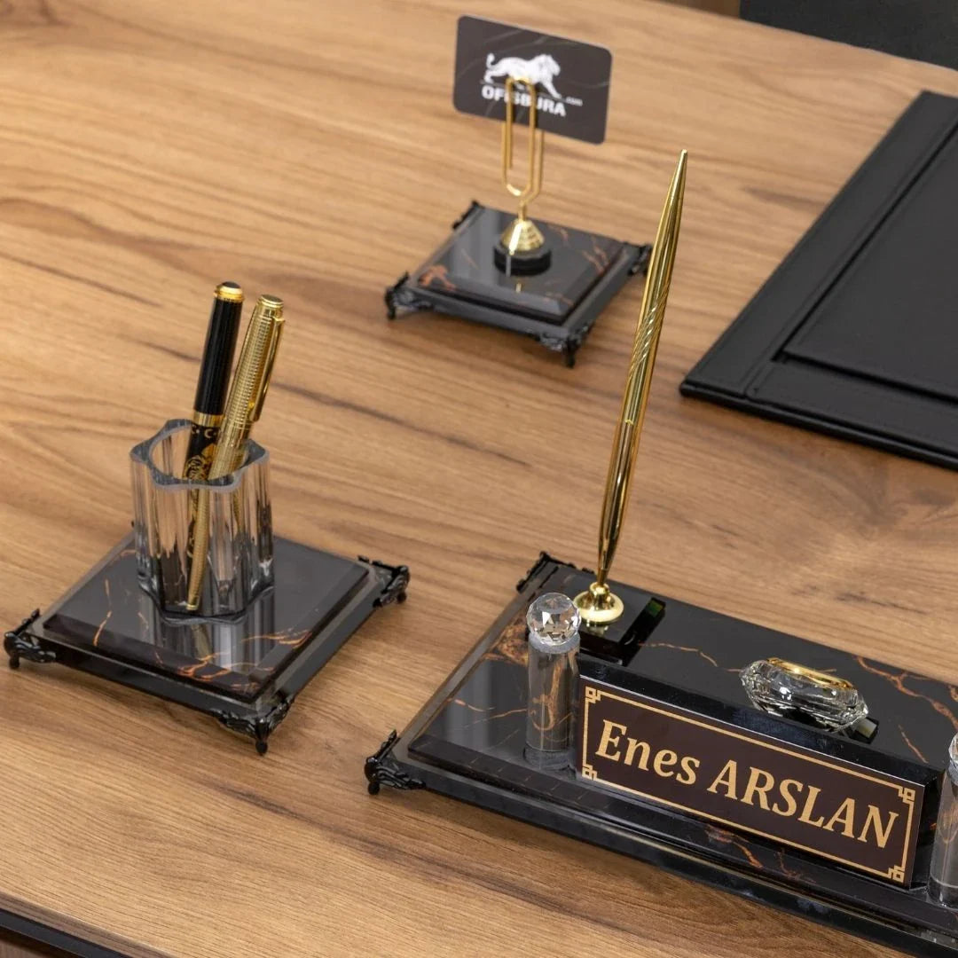 Negro | 7-Piece Crystal Desk Set & Nameplate Set