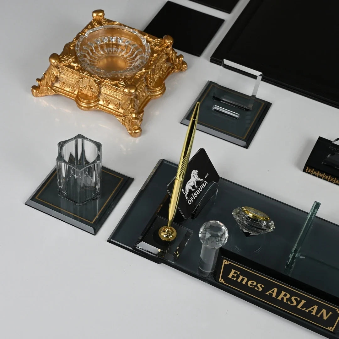 Special Crystal | 22-Piece Premium Crystal Desk Set & Nameplate Set - Gold Accents