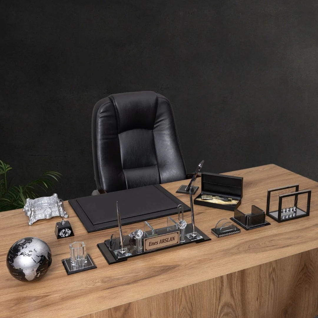 Special Crystal | 12-Piece Crystal Desk Set & Nameplate Set - Silver Accents