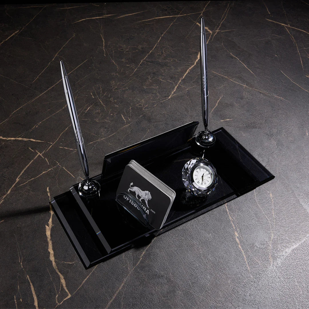 VIP Black Crystal Desk Nameplate - Luxury Office Nameplate with Dual Pen Holder & Clock