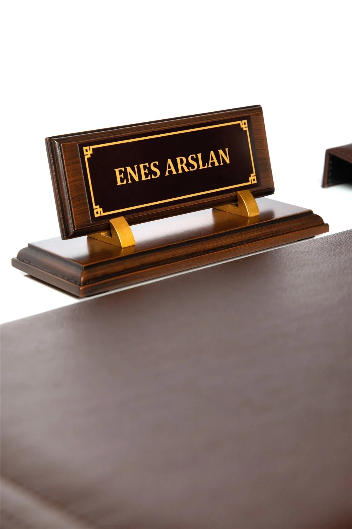 Leather Desk Set with Wooden Nameplate, 10 Pieces