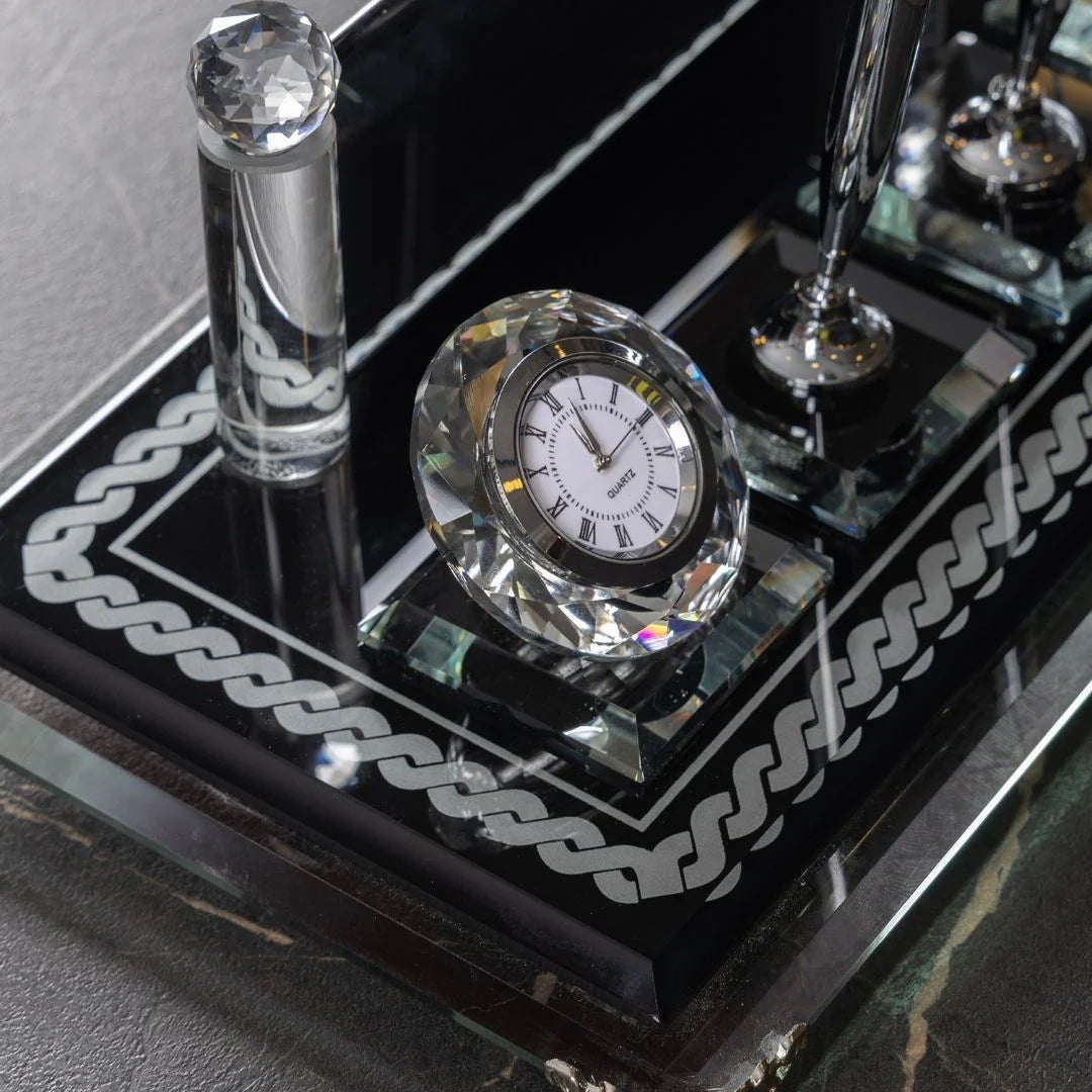 Knit-Pattern Silver Crystal Desk Nameplate - Dual Pen Holder & Clock Office Set
