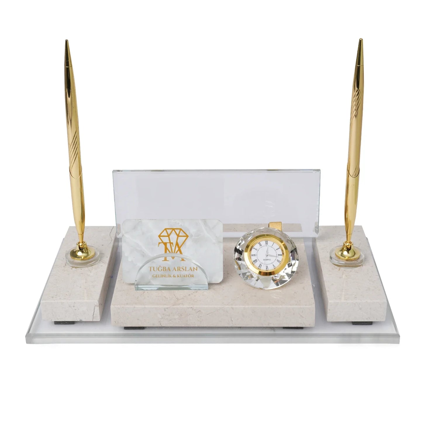 Ephesus Cream Gold-Detail Natural Marble | Luxury Desk Nameplate Set - 30 × 16 Cm