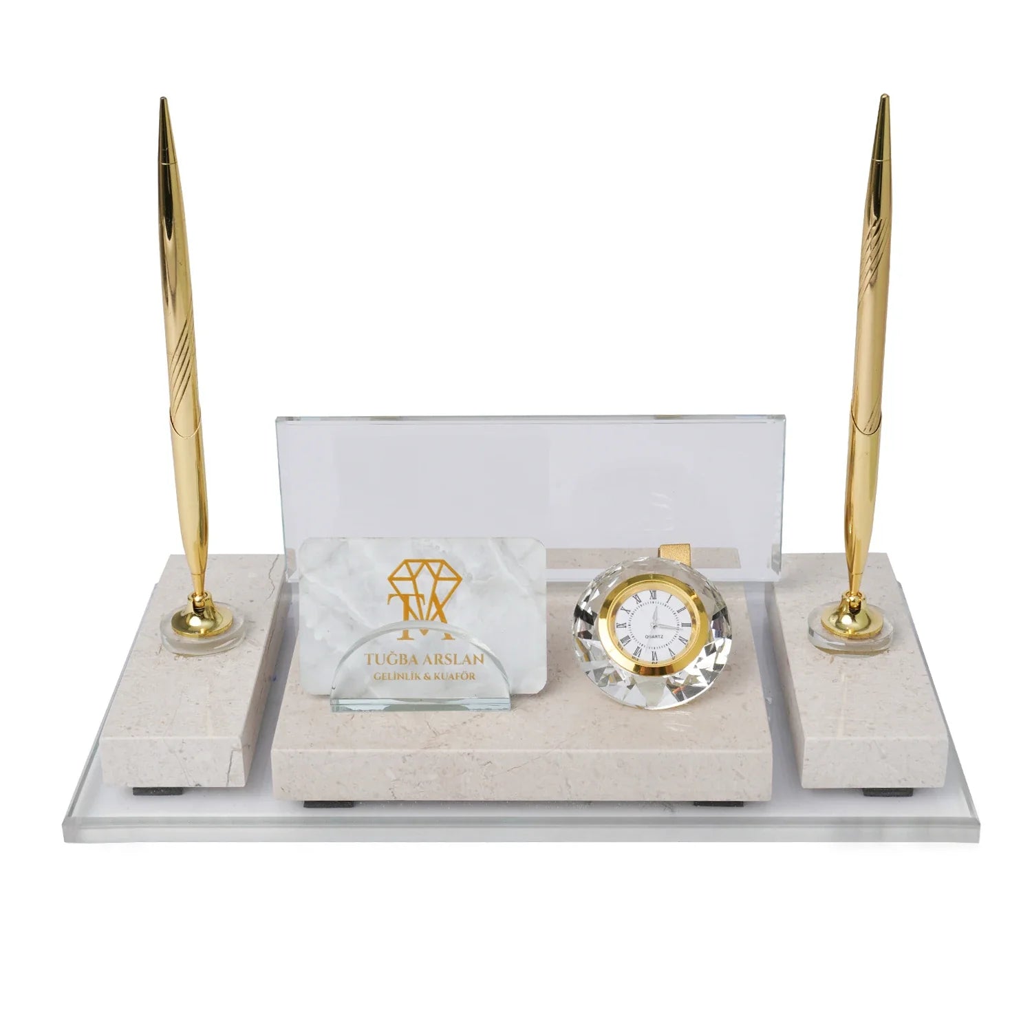 Ephesus Cream Gold-Detail Natural Marble | Luxury Desk Nameplate Set - 30 × 16 Cm
