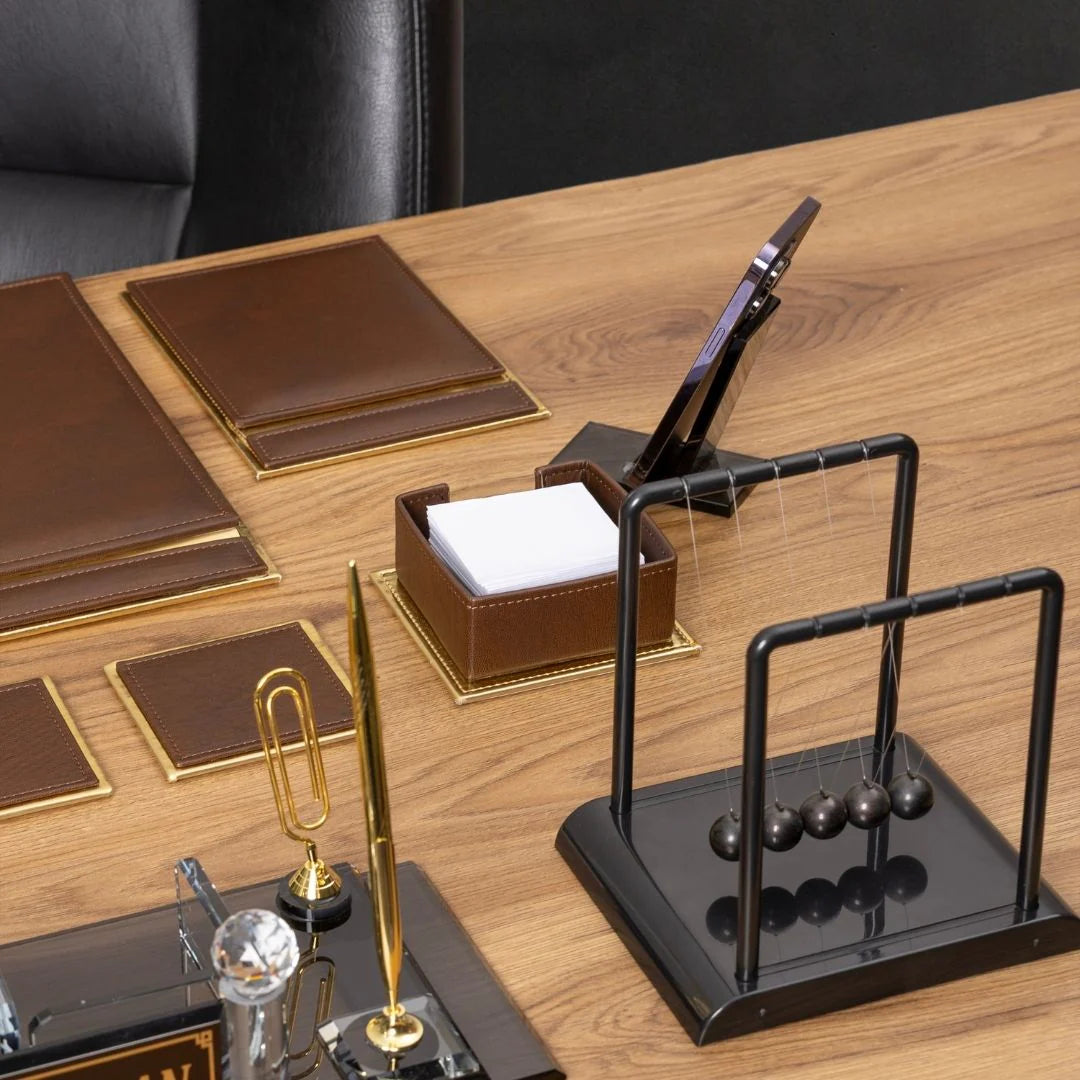 Brown & Gold Leather 14-Piece Premium Desk Set