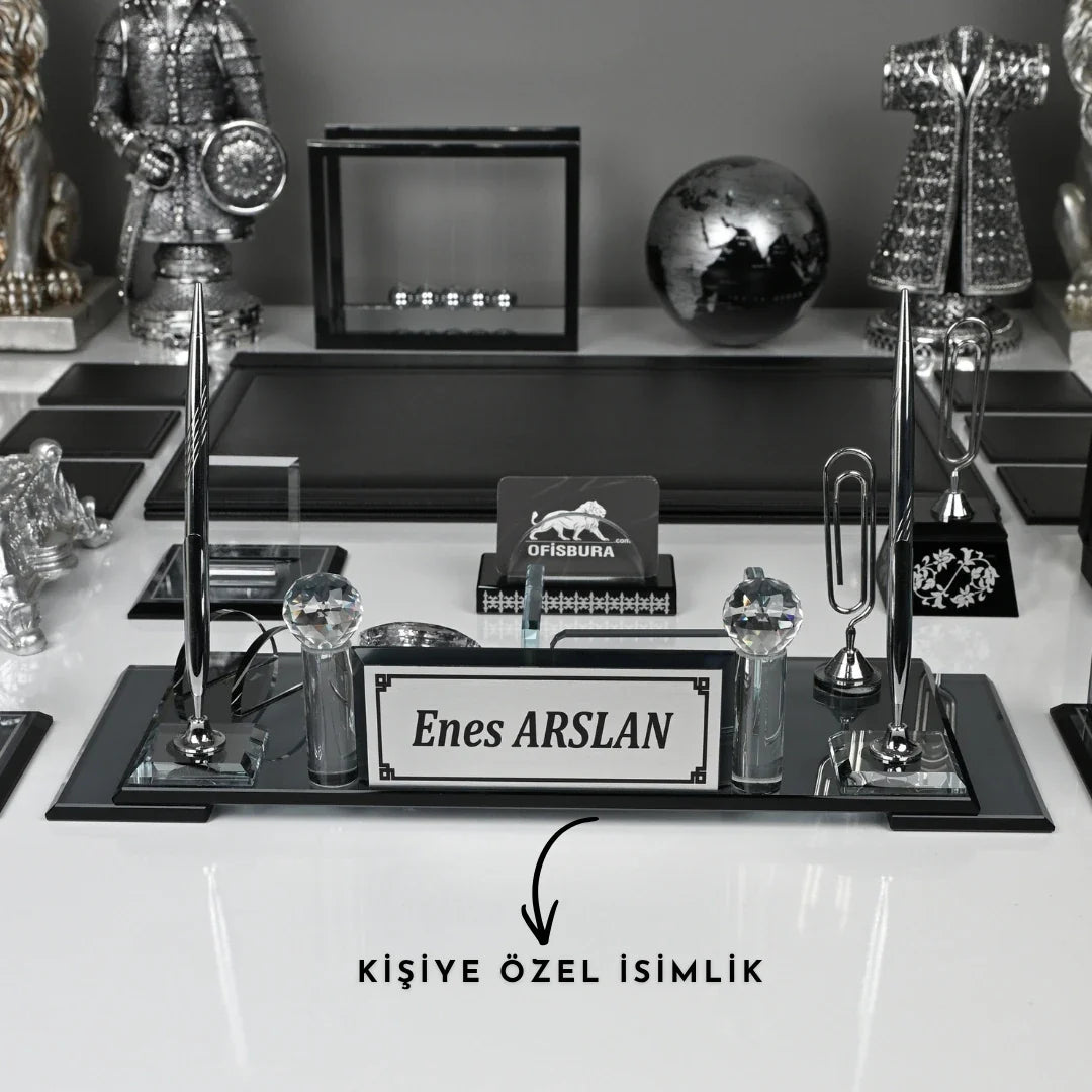22-Piece Crystal Desk Set & Nameplate Set - Silver Accents