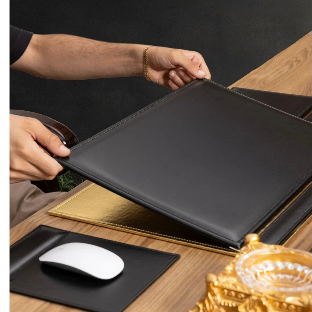 Black & Gold Leather 14-Piece Premium Desk Set