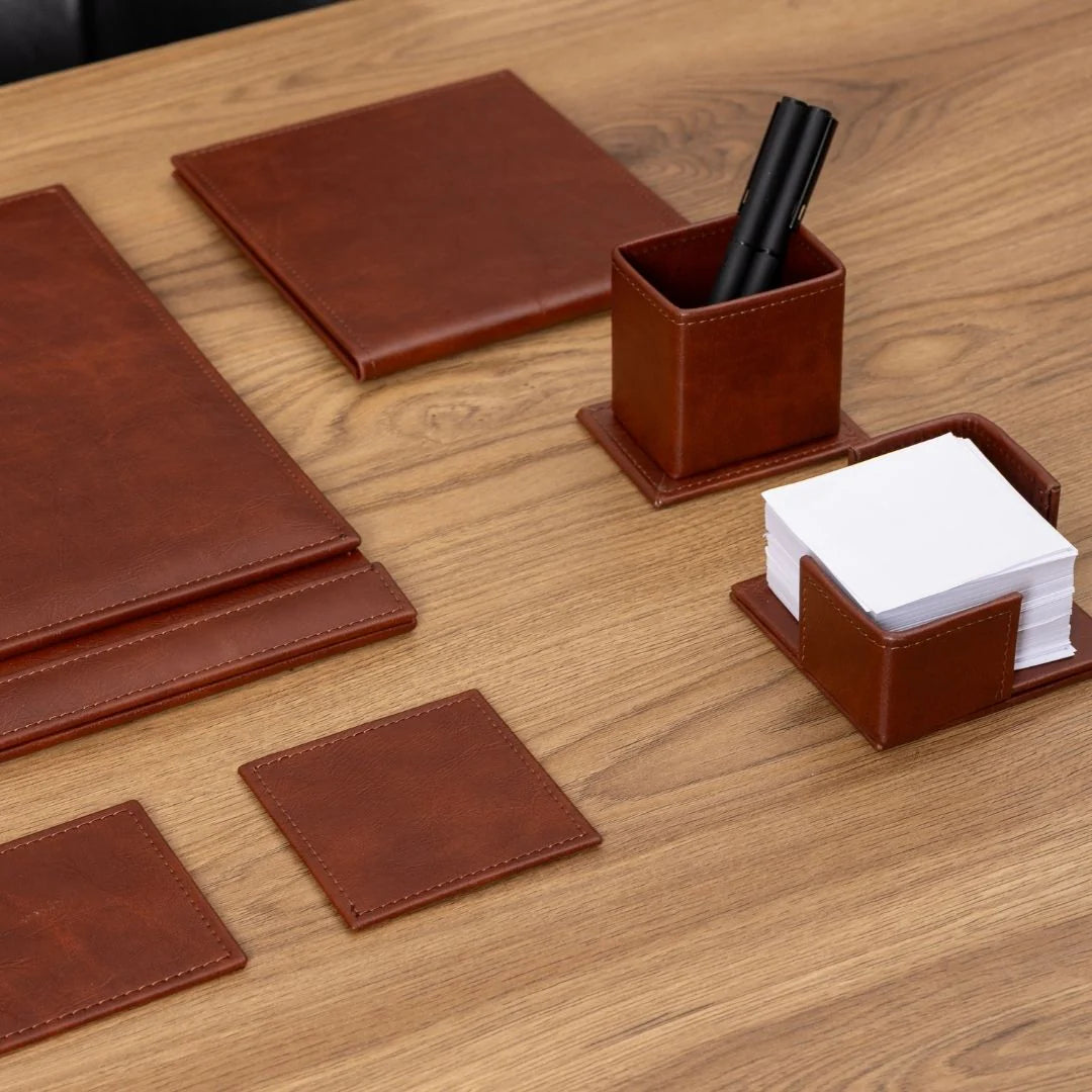 Classic Tan Leather 8-Piece Desk Set
