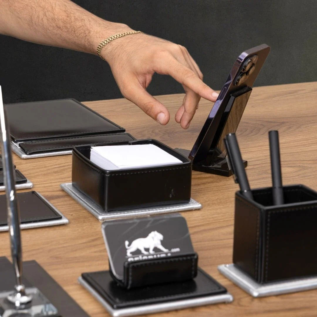 Black & Silver Leather 14-Piece Premium Desk Set