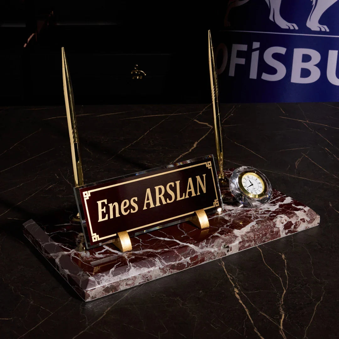 Burgundy Marble Desktop Nameplate Set with Clock & Dual Pen Holder - Personalized Desk Nameplate