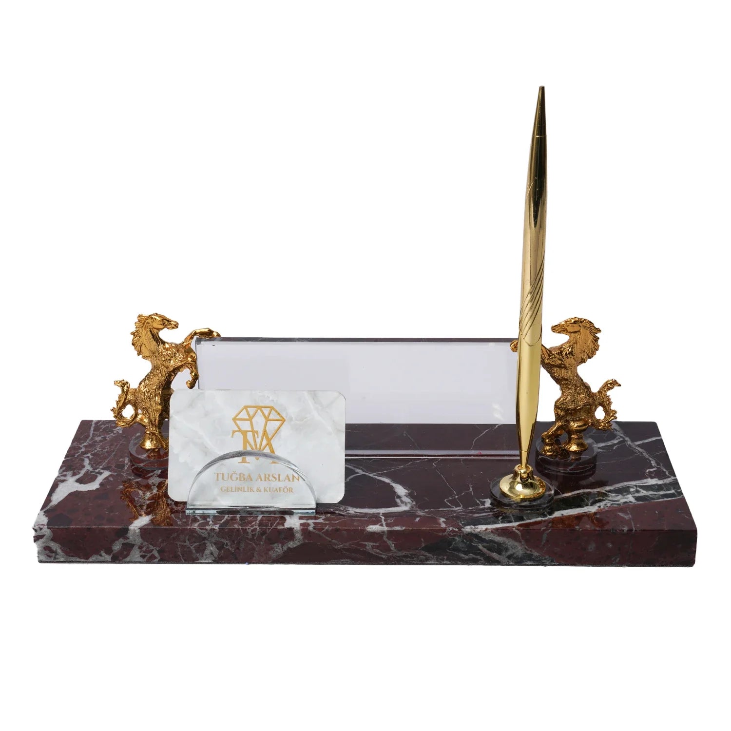 Rearing Horse Burgundy Marble Desk Nameplate - Personalized Luxury Office Set