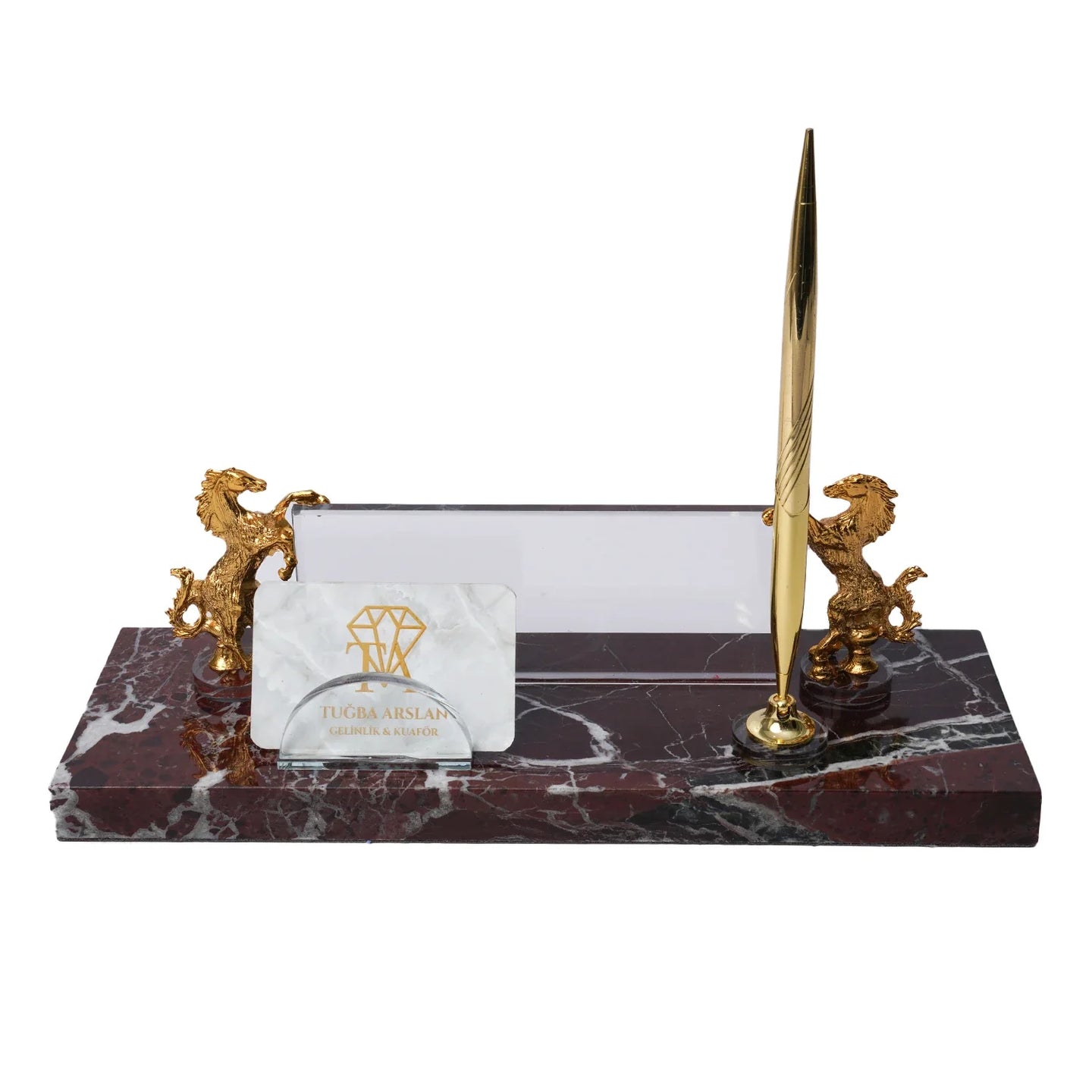 Rearing Horse Burgundy Marble Desk Nameplate - Personalized Luxury Office Set
