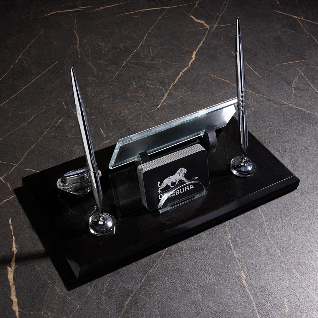 Signature Black Marble Desktop Nameplate Set with Clock & Dual Pen Holder - Personalized Desk Nameplate