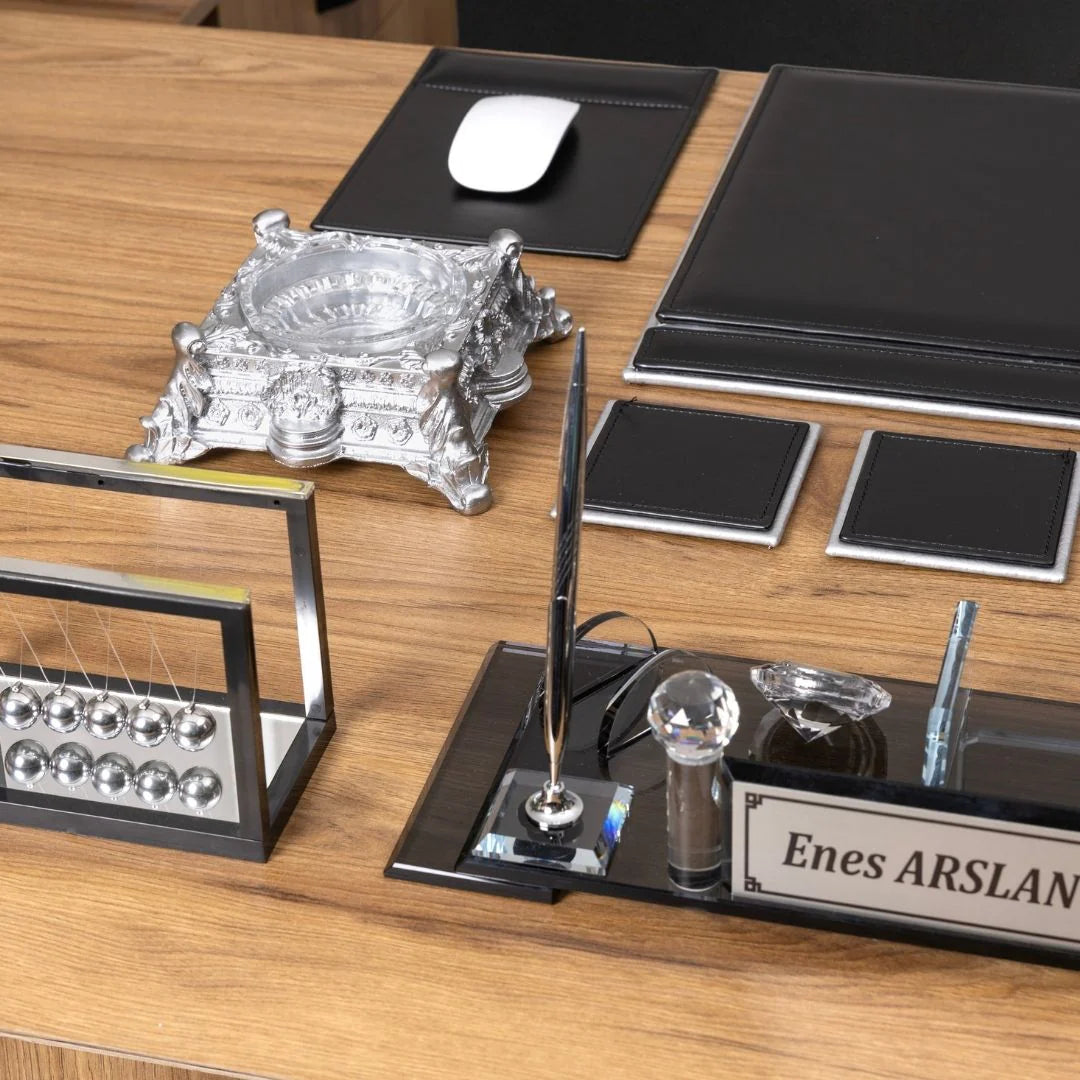 Black & Silver Leather 14-Piece Premium Desk Set
