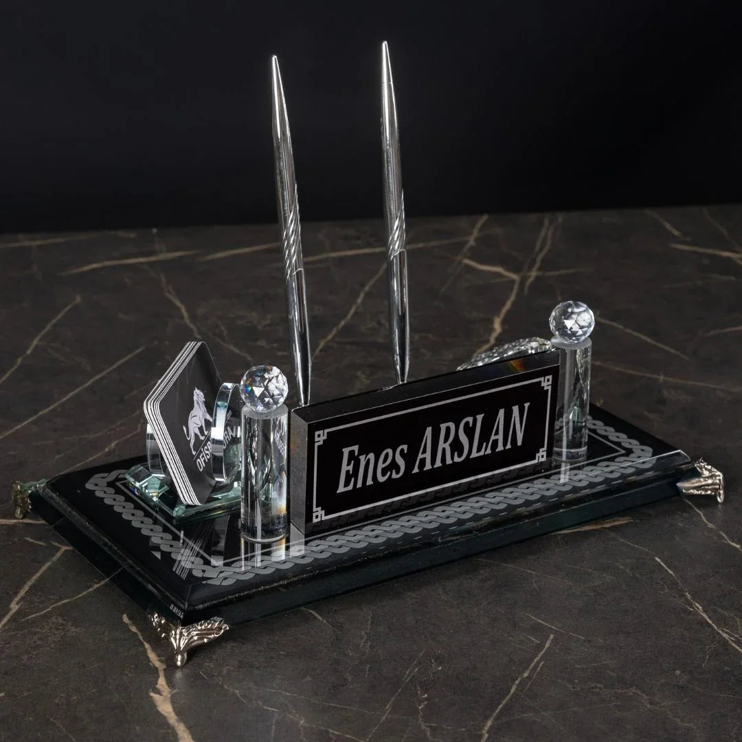 Knit-Pattern Silver Crystal Desk Nameplate - Dual Pen Holder & Clock Office Set
