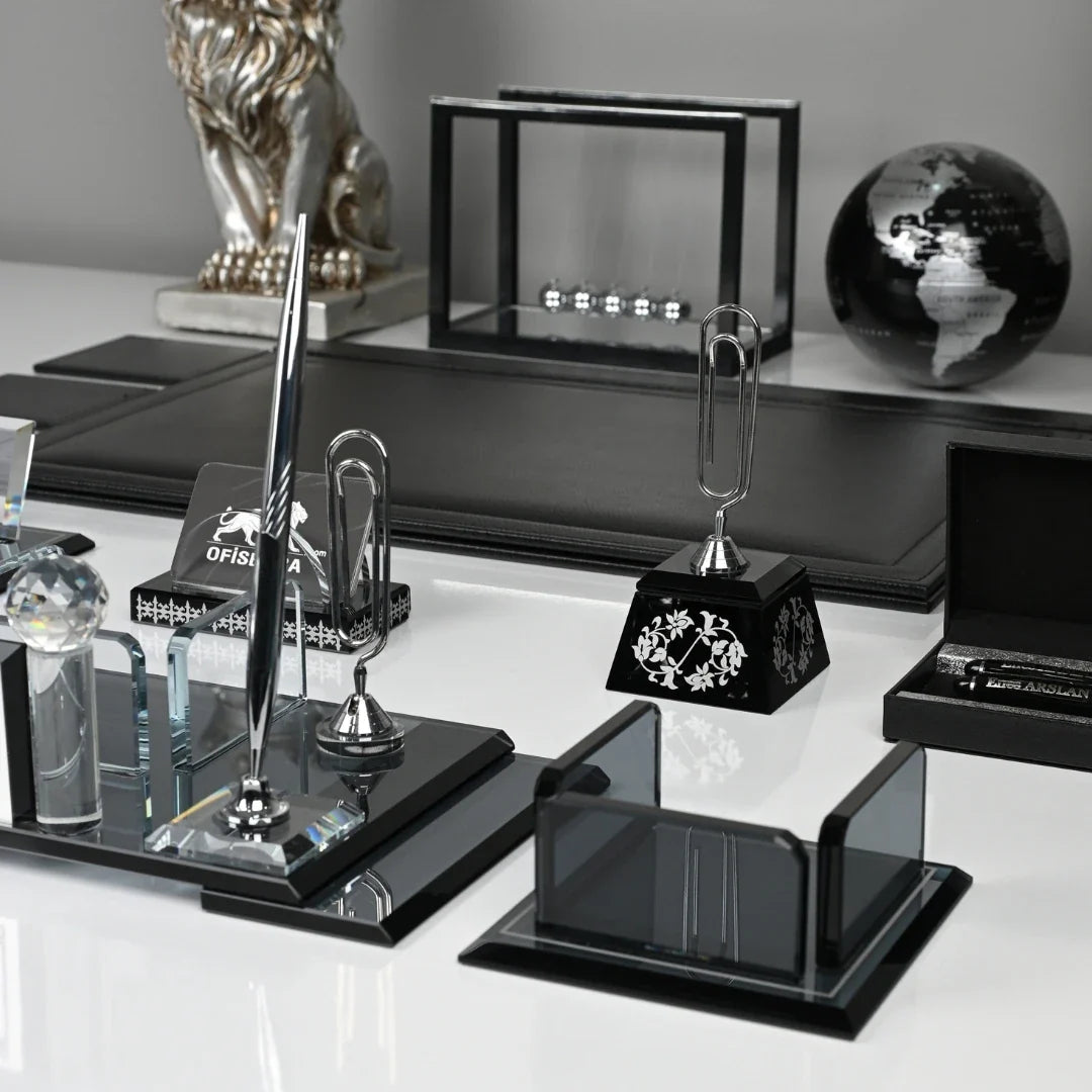20-Piece Black Crystal Desk Set & Nameplate Set - Silver Details