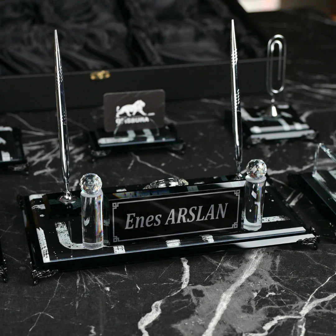 Piano Black | Gift-Boxed 6-Piece Crystal Desk Set & Nameplate Set