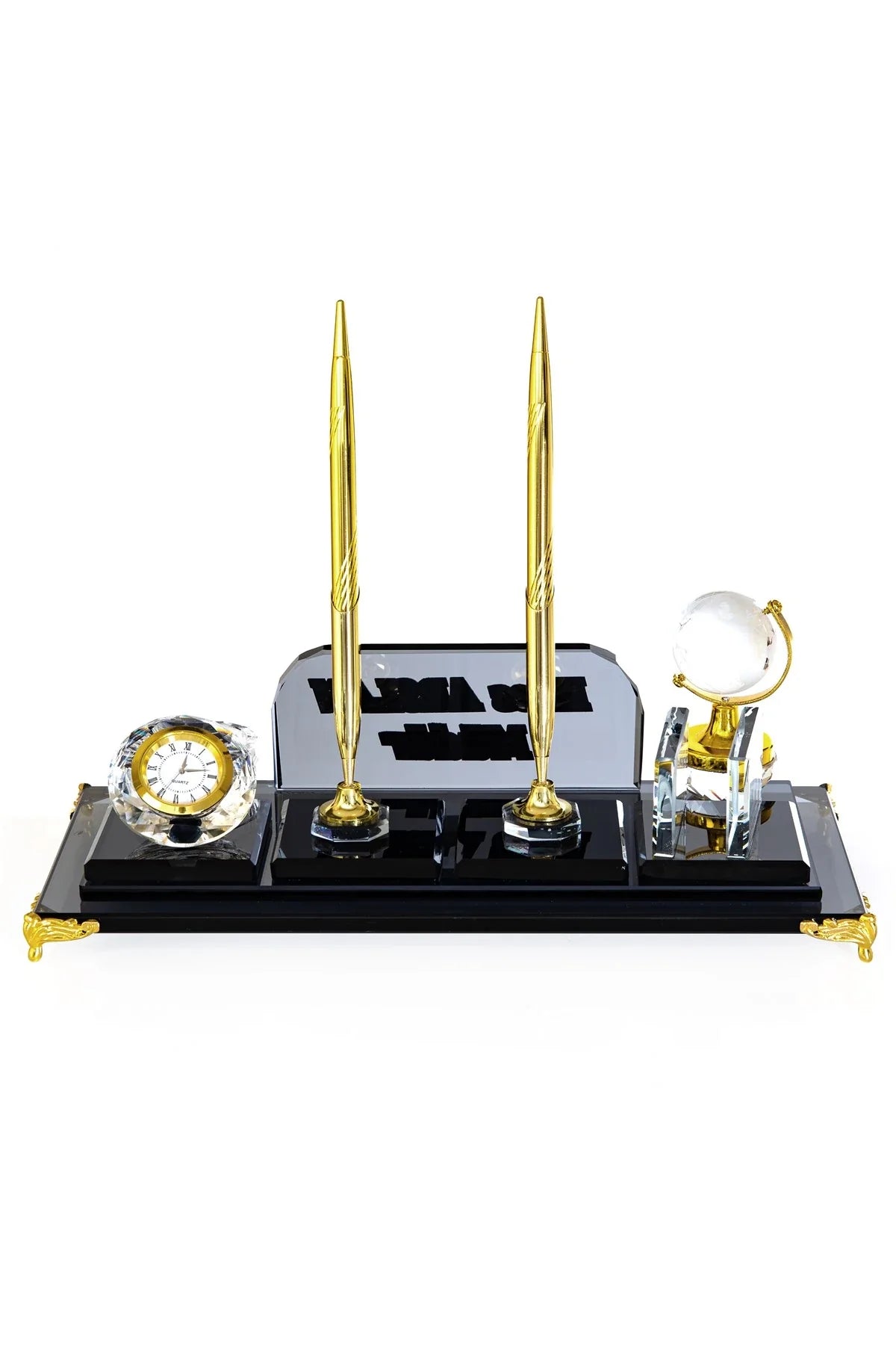 Global Crystal Desk Nameplate Desktop Set - Gold Base