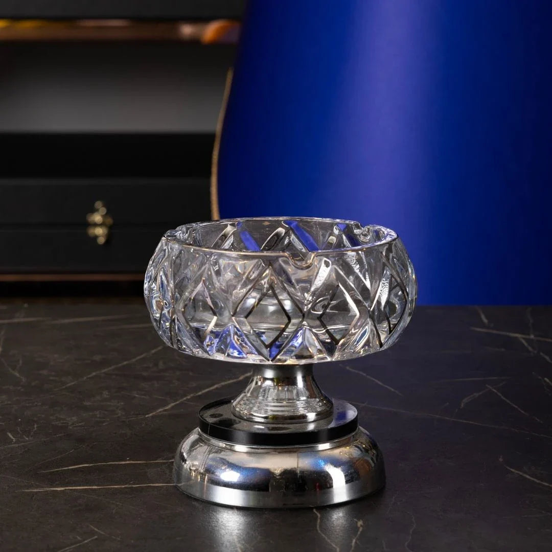 Crystal Glass Ashtray, Silver Detail, Footed - 15 cm