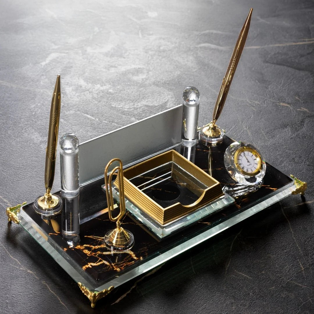 Marble-Pattern Gold Crystal Glass Desk Nameplate - Executive Office Nameplate with Clock & Dual Pen Holder