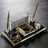 Marble-Pattern Gold Crystal Glass Desk Nameplate - Executive Office Nameplate with Clock & Dual Pen Holder