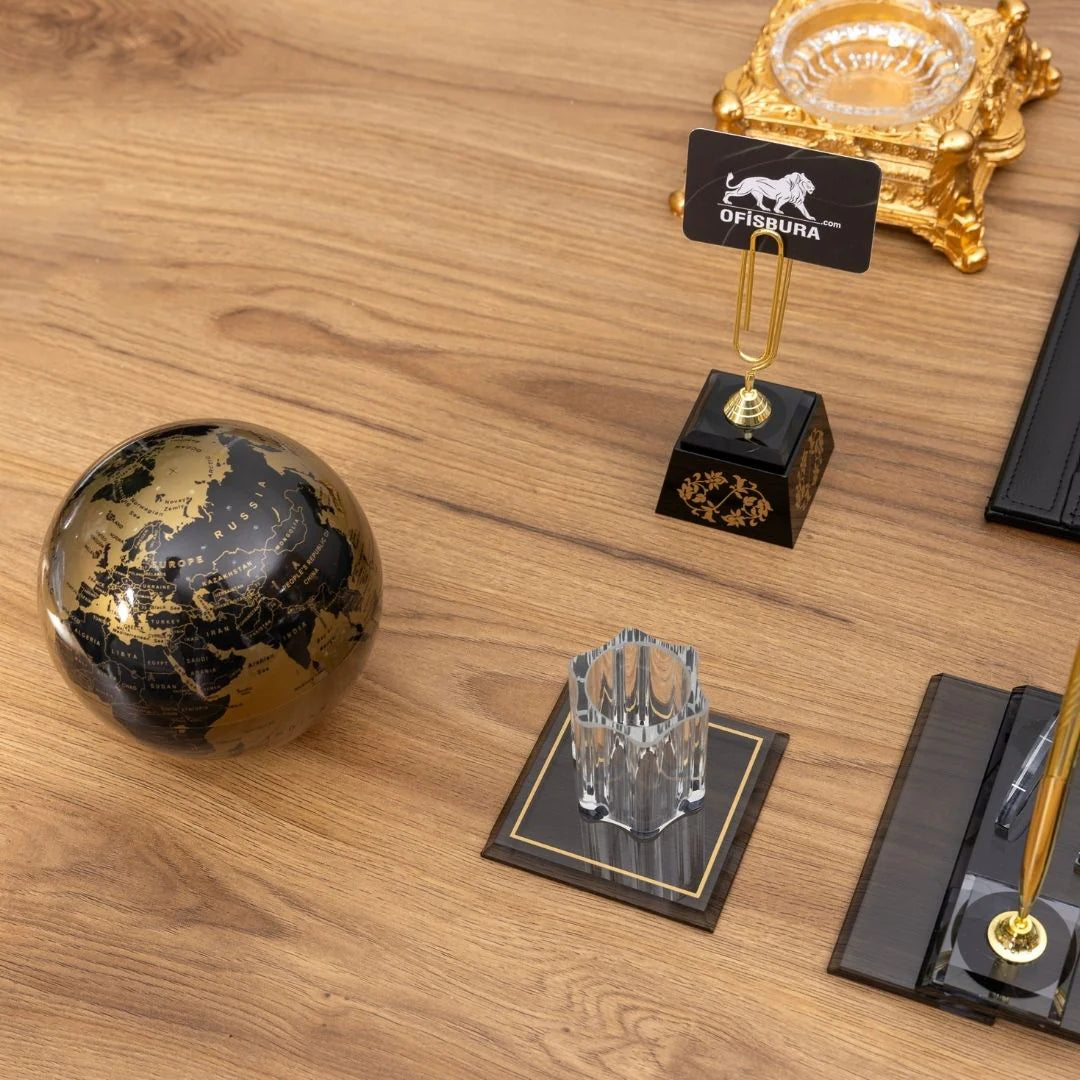 Special Crystal | 12-Piece Crystal Desk Set & Nameplate Set - Gold Accents