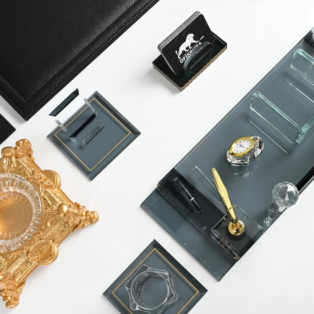 Special Crystal | 20-Piece Premium Crystal Desk Set & Nameplate Set - Gold Accents
