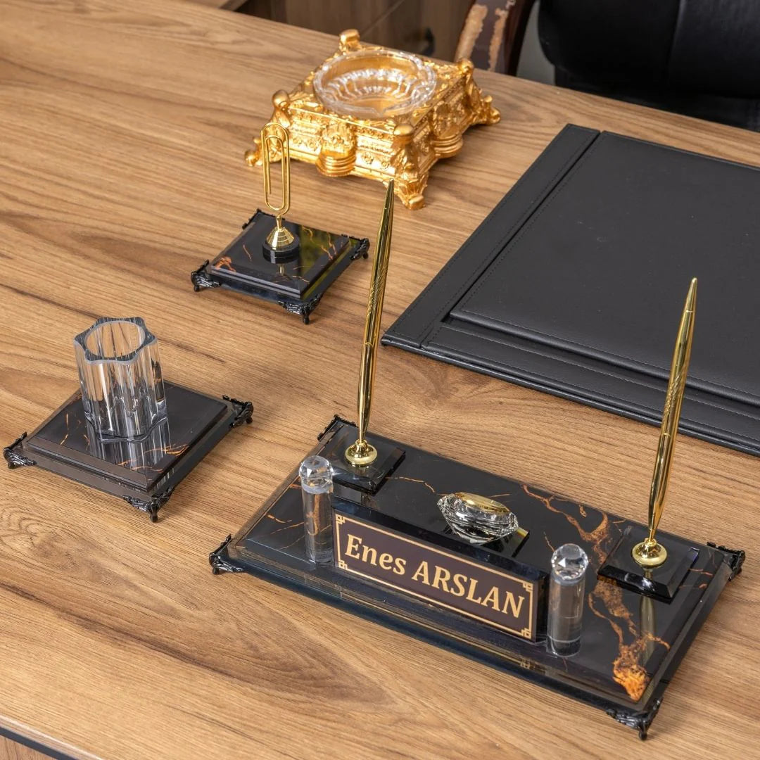 Negro | 9-Piece Crystal Desk Set & Nameplate Set