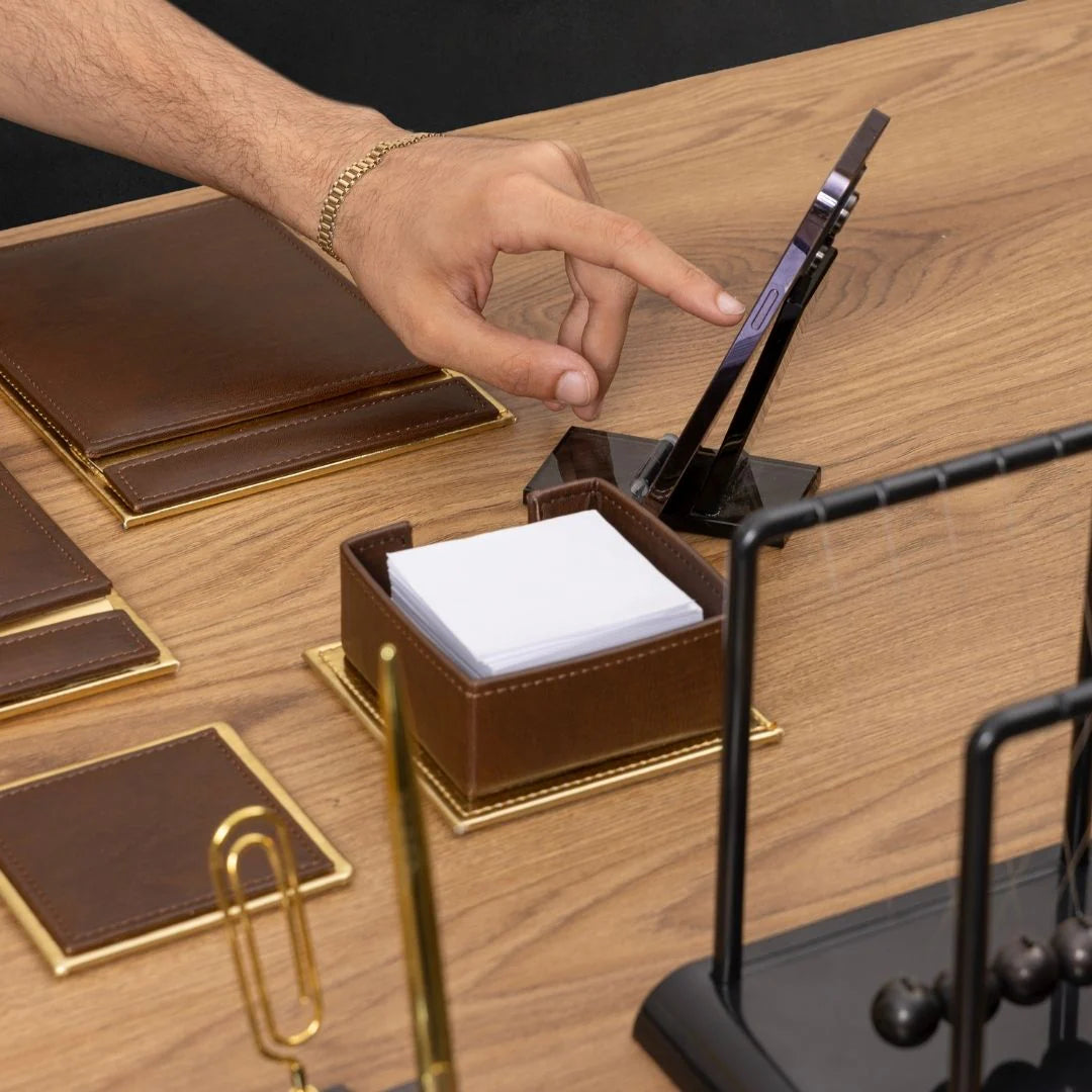 Brown & Gold Leather 14-Piece Premium Desk Set