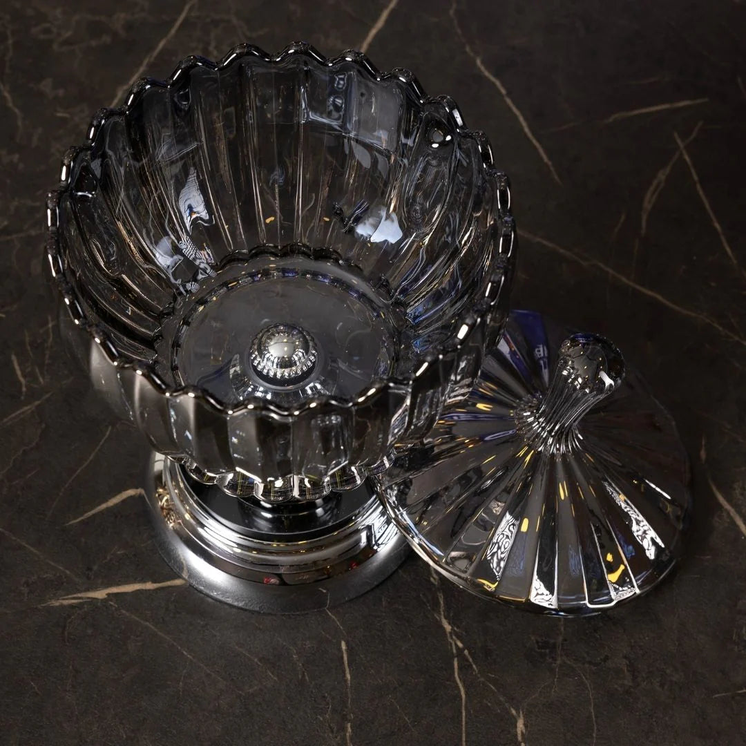 Crystal Glass Candy Dish with Lid, Silver Detail - 25 cm