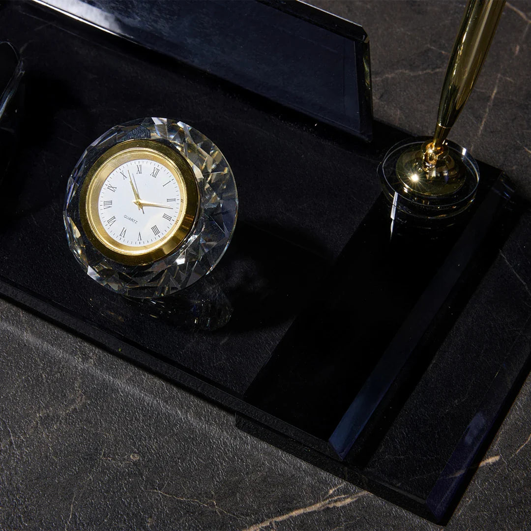 VIP Black Crystal Desk Nameplate - Luxury Office Nameplate with Dual Pen Holder & Clock