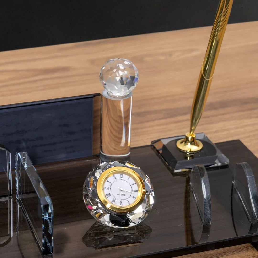 Special Crystal | 9-Piece Crystal Desk Set & Nameplate Set - Gold Accents