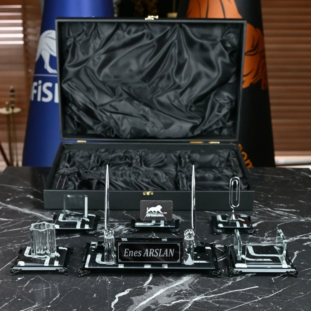 Piano Black | Gift-Boxed 6-Piece Crystal Desk Set & Nameplate Set