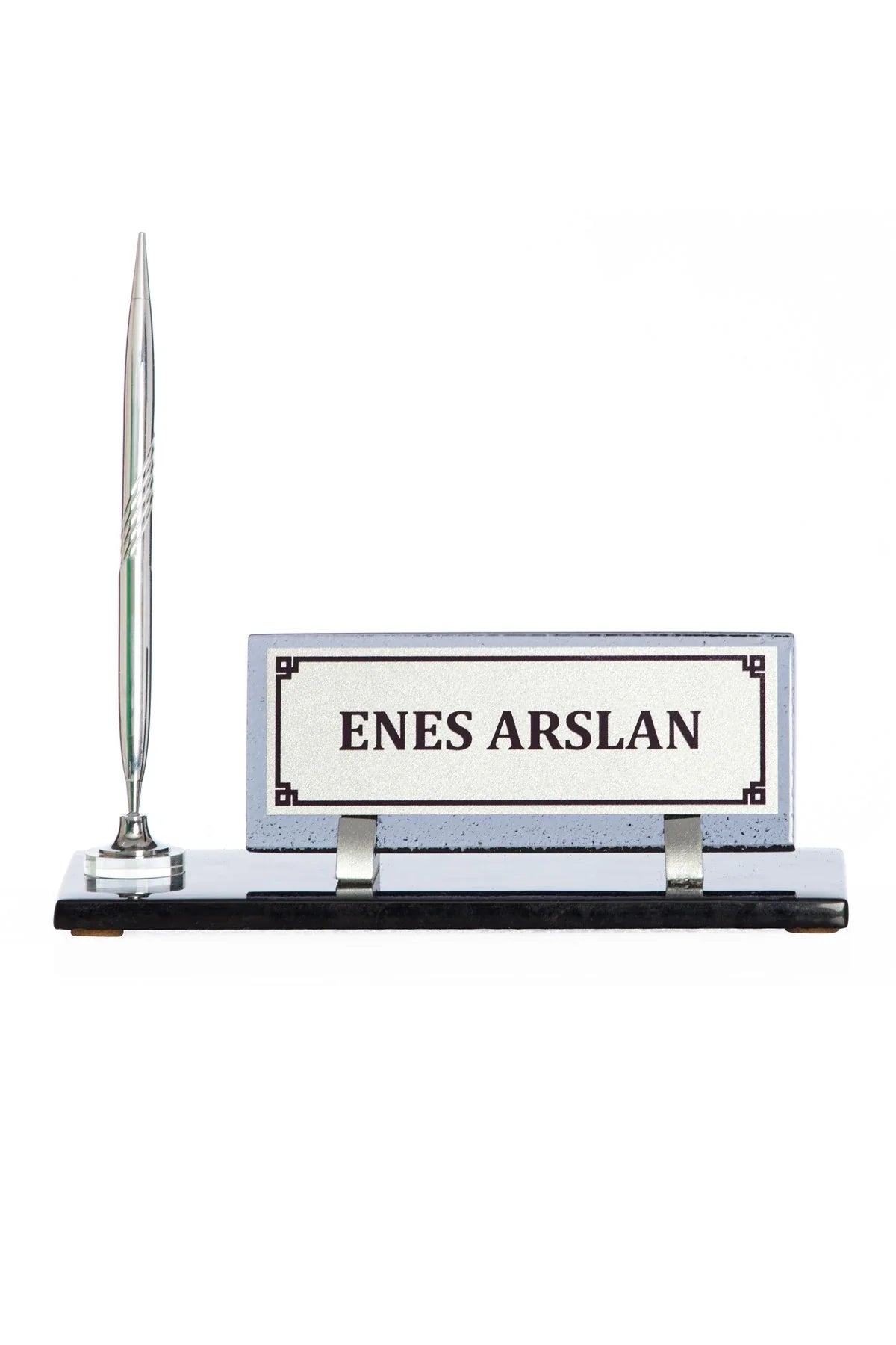 Crystal Glass Desk Nameplate with Single Pen Holder, Silver - Desktop Office Nameplate