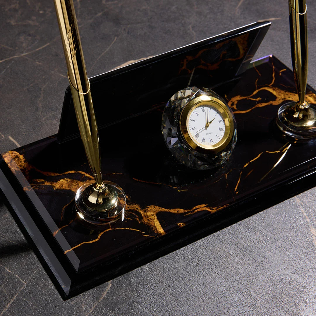 NG Crystal Desktop Nameplate Set, Matching Desk Sets - Personalized with Dual Pen Holder